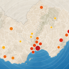 Mapa en el que se recogen los municipios con un mayor riesgo de terremotos en la provincia de Almería.