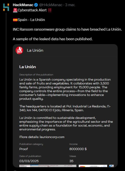Pantallazo publicado por HackManac alertando de que La Unión ha sido víctima de un ciberataque.