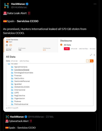 Pantallazo publicado por HackManac alertando de que CCOO ha sufrido un ciberataque.