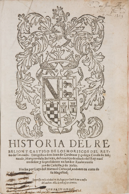 Portada de la Historia del rebelión y castigo de los moriscos del reyno de Granada, de Luis del Mármol, edición de 1600, Málaga.