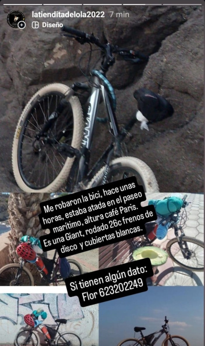 Publicación que hizo en Instagram Flor en el momento en el que le robaron su bicicleta.