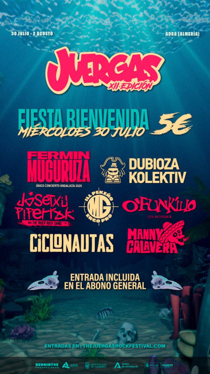 Cartel el Juergas Rock para la fiesta de bienvenida del miércoles 2025.