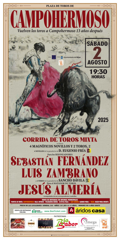 Cartel oficial de la corrida de toros del sábado 2 de agosto en Campohermoso