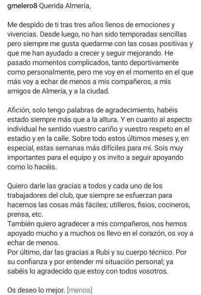 La carta de despedida de Melero publicado en su perfil de Instagram.