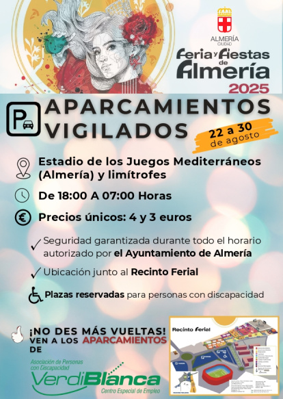 Flyer de Verdiblanca para los aparcamientos de la Feria de Almería 2025.