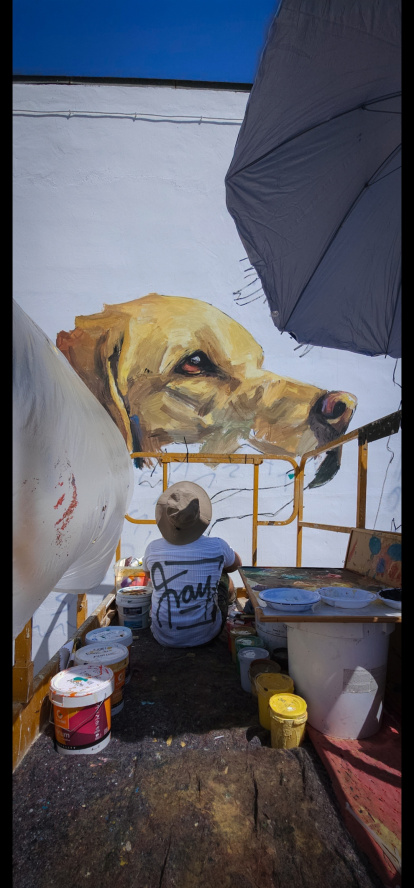 Francisco Fajardo pintando el mural de Pets Paradise.