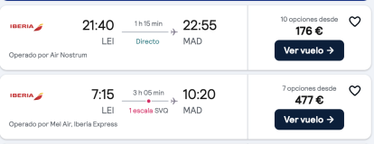 Precio de un vuelo de Almería a Madrid para el martes, 28 de octubre