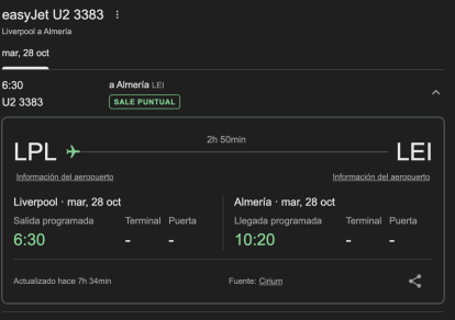 Información del vuelo directo de Liverpool a Almería para mañana martes, 28 de octubre de 2025