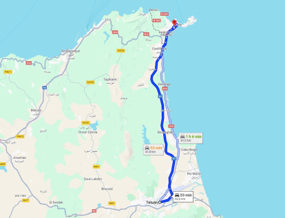 El recorrido que hará el Almería desde Tetuán a Ceuta.