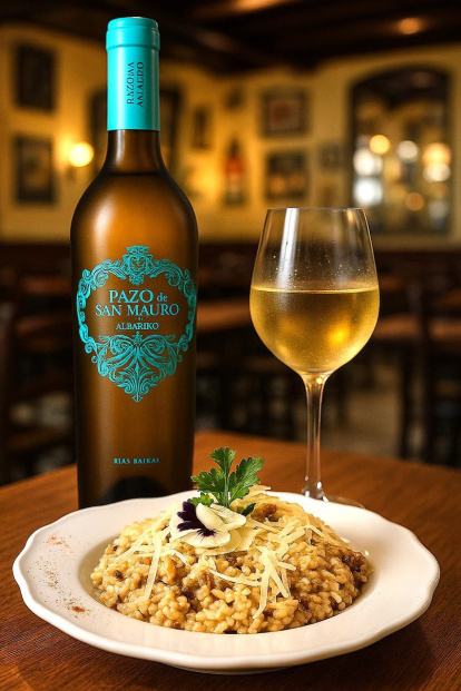 Risotto de boletus cremoso y aromático, con aceite de trufa con un maridaje ideal: Pazo de San Mauro. Un vino blanco gallego que realza los matices de la cocina de temporada.