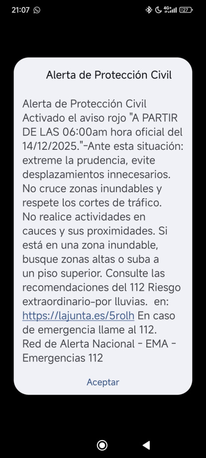 Mensaje de alerta por lluvias recibido en 36 pueblos.