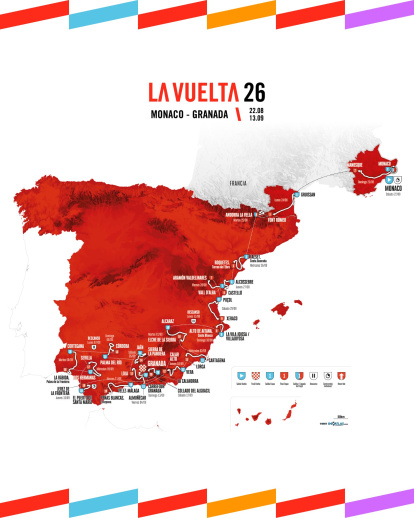 Mapa de 'La Vuelta', que sale de Mónaco el 22 de agosto y acabará en Granada el 13 de septiembre.