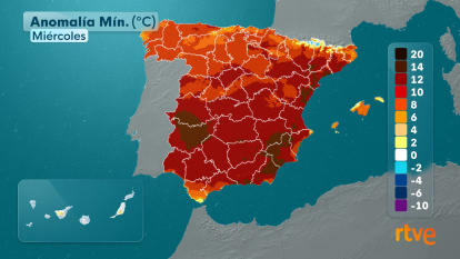 El mapa de RTVE que refleja las anomalías de temperatura en toda España.