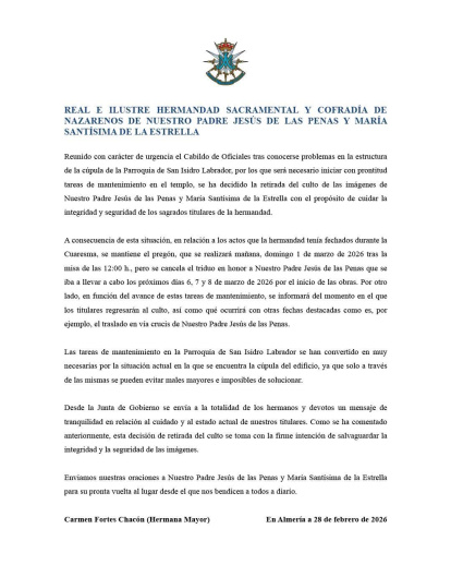 Comunicado de la hermandad.