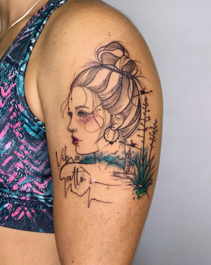 Un rostro femenino sobre un paisaje del Cabo de Gata.