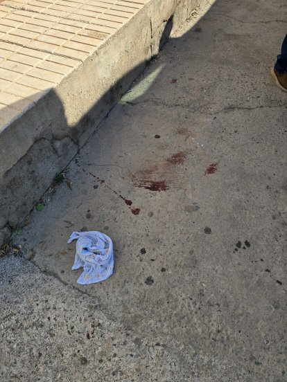 Restos de sangre y cristales rotos en la puerta de la vivienda