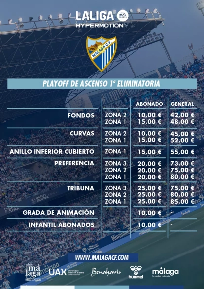 Los precios que ha puesto el Málaga para el Play Off de ascenso a Primera.