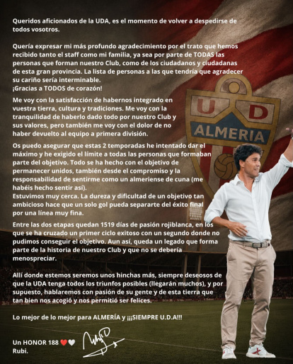 La carta que ha publicado Rubi en su red social.
